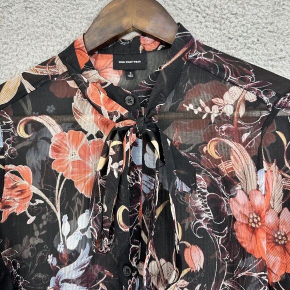 Who What Wear Button Up Top Women Small Black Floral‎ Sheer Oversized Boho Art - Picture 2 of 8